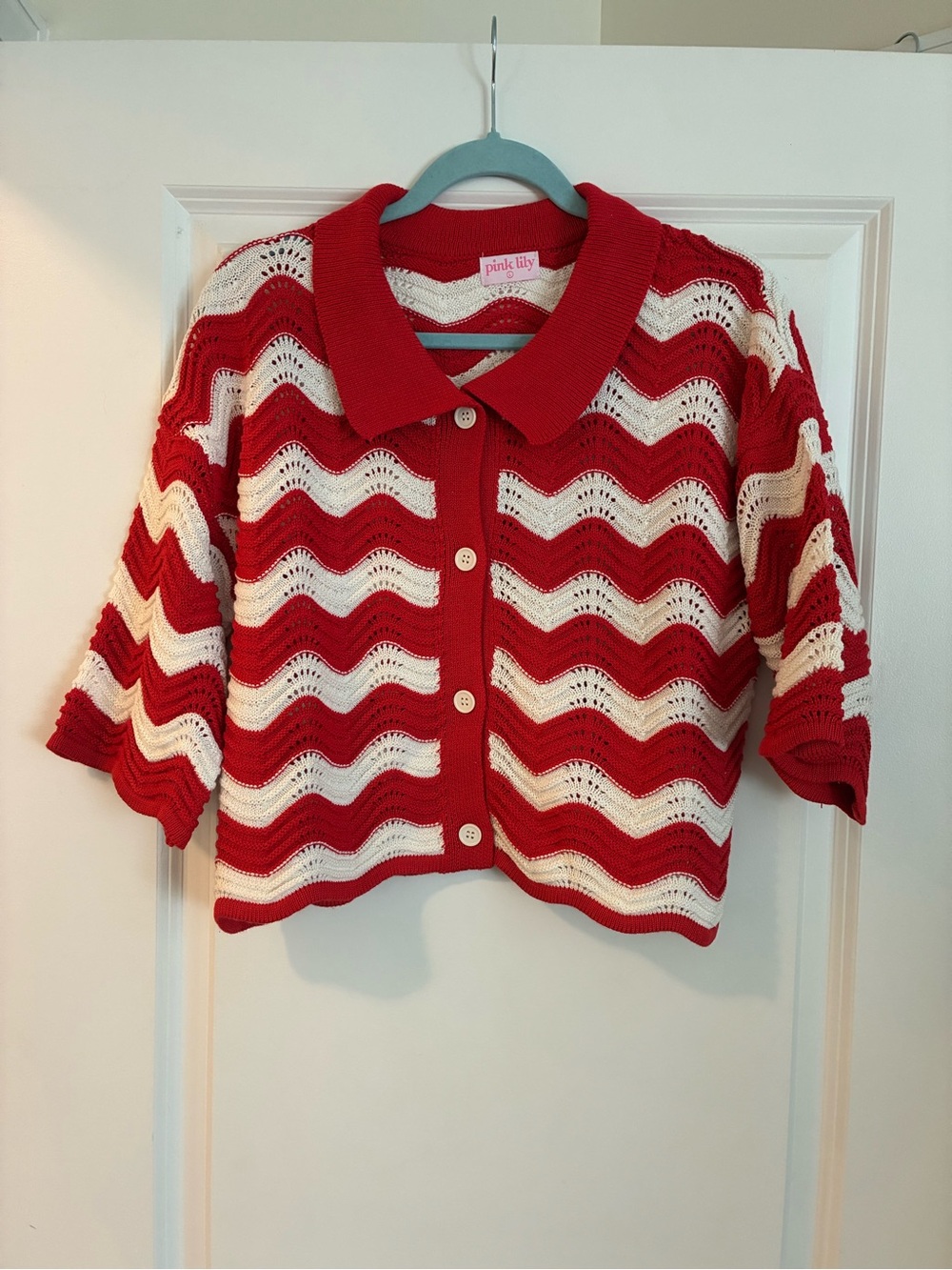 Pink Lily Red & White Wave-Knit Collared Cardigan